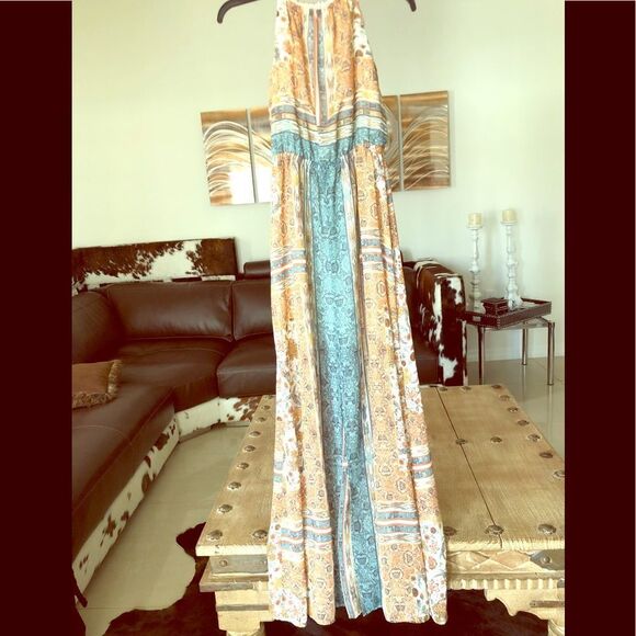 Zara boho tan blue print chiffon maxi dress Size S - Picture 6 of 15